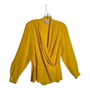 Evan Picone Long‎ Sleeve Faux Wrap Peplum Blouse Yellow Chic Elegant Size 12